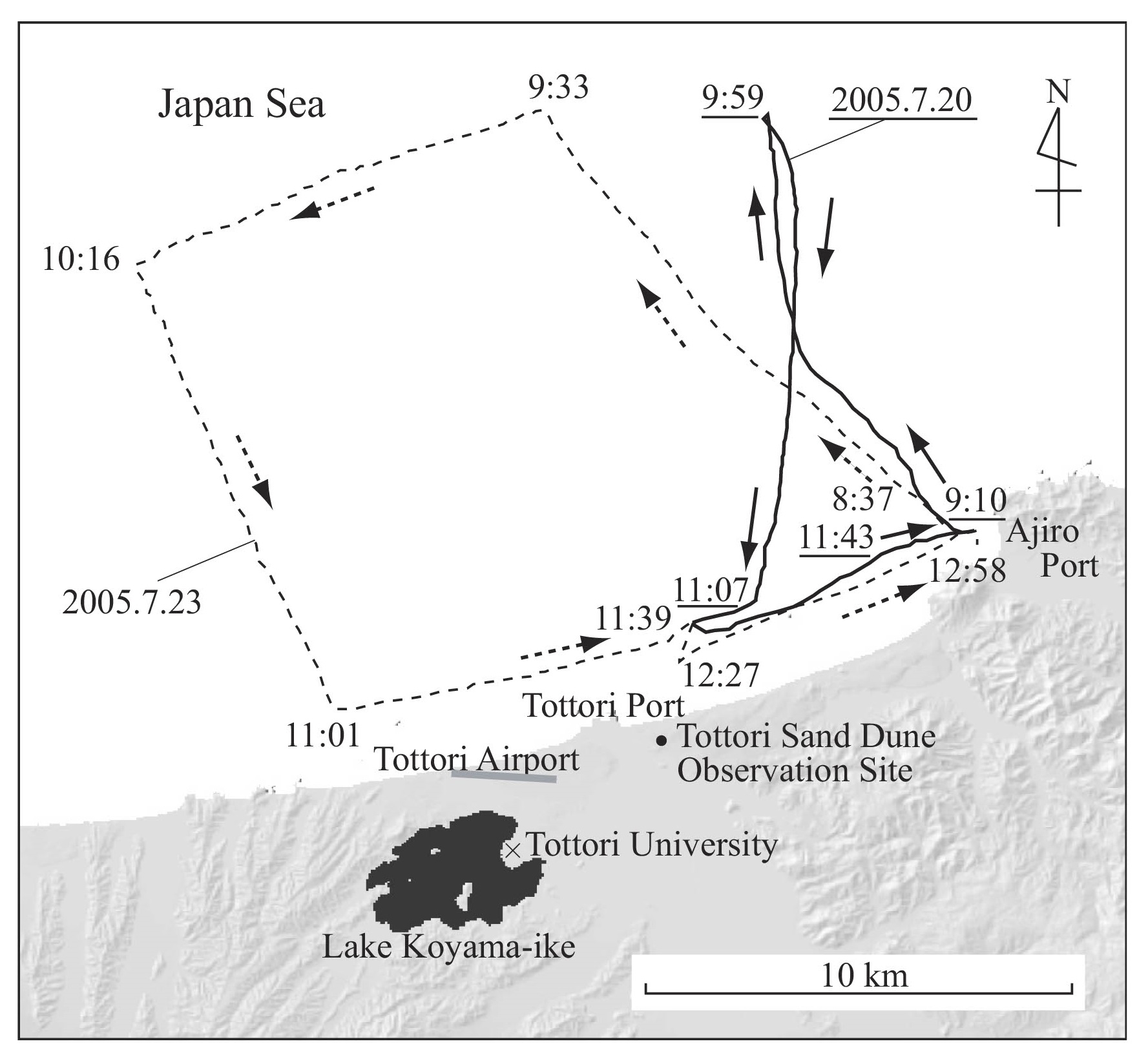 図3-1　鳥取県沖合における船舶の観測実験航路