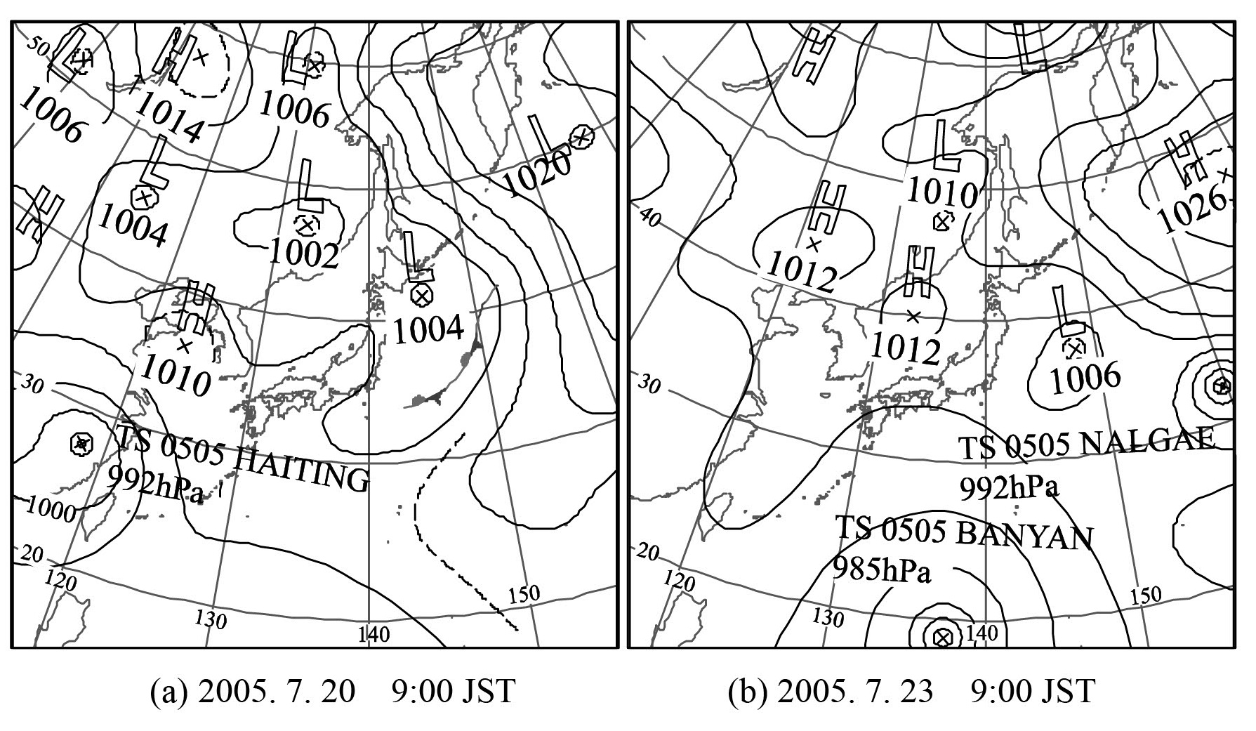 図3-2　各観測日における午前9時の天気図（気象庁発表）