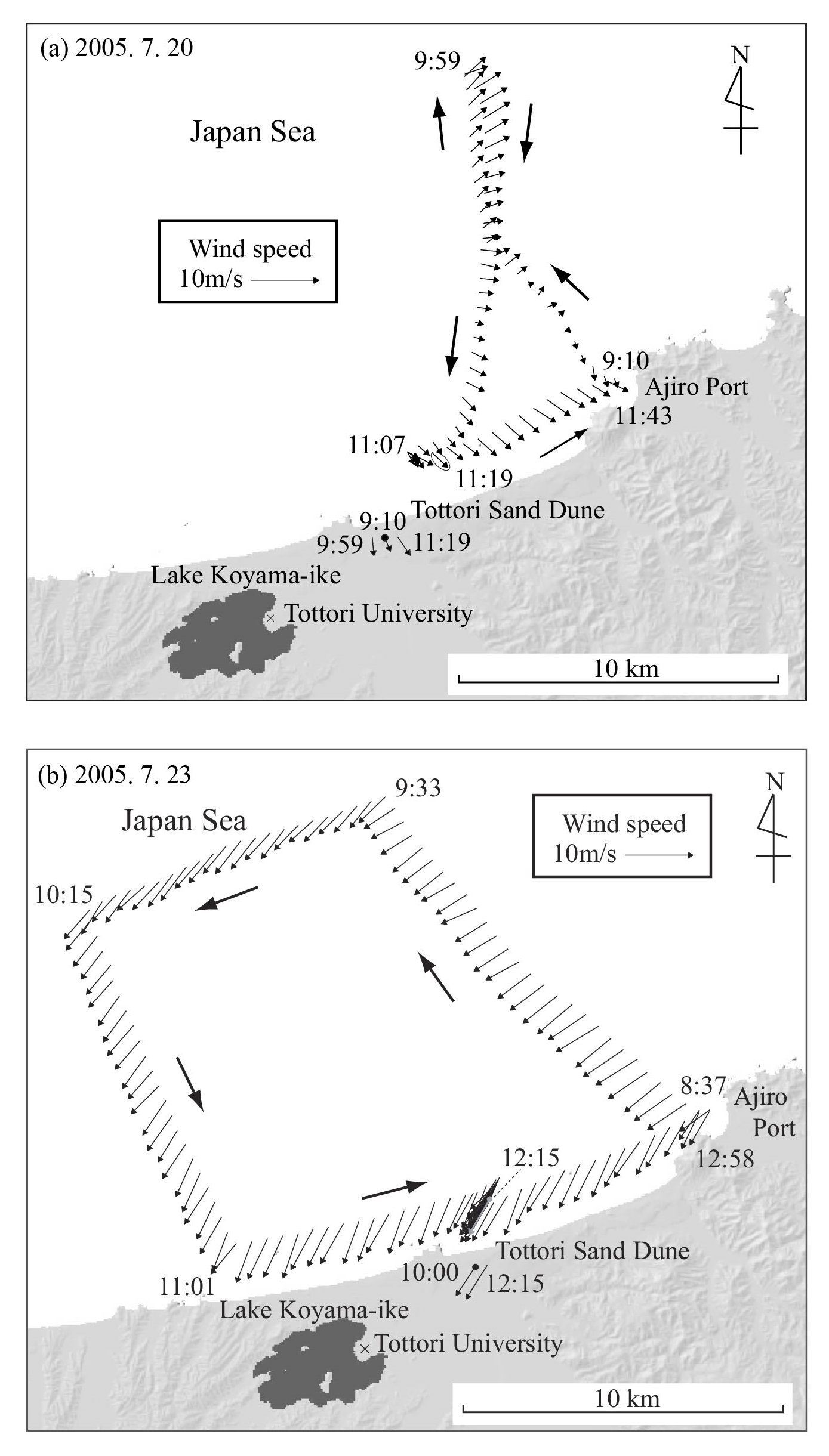 図3-8　船舶の移動観測によって得られた鳥取県沖合の風速ベクトルマップ